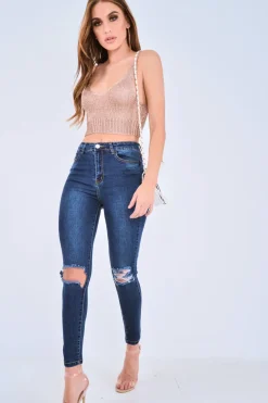 Rebellious Fashion Rose Gold Metallic Knit Plunge Bralet - Railee