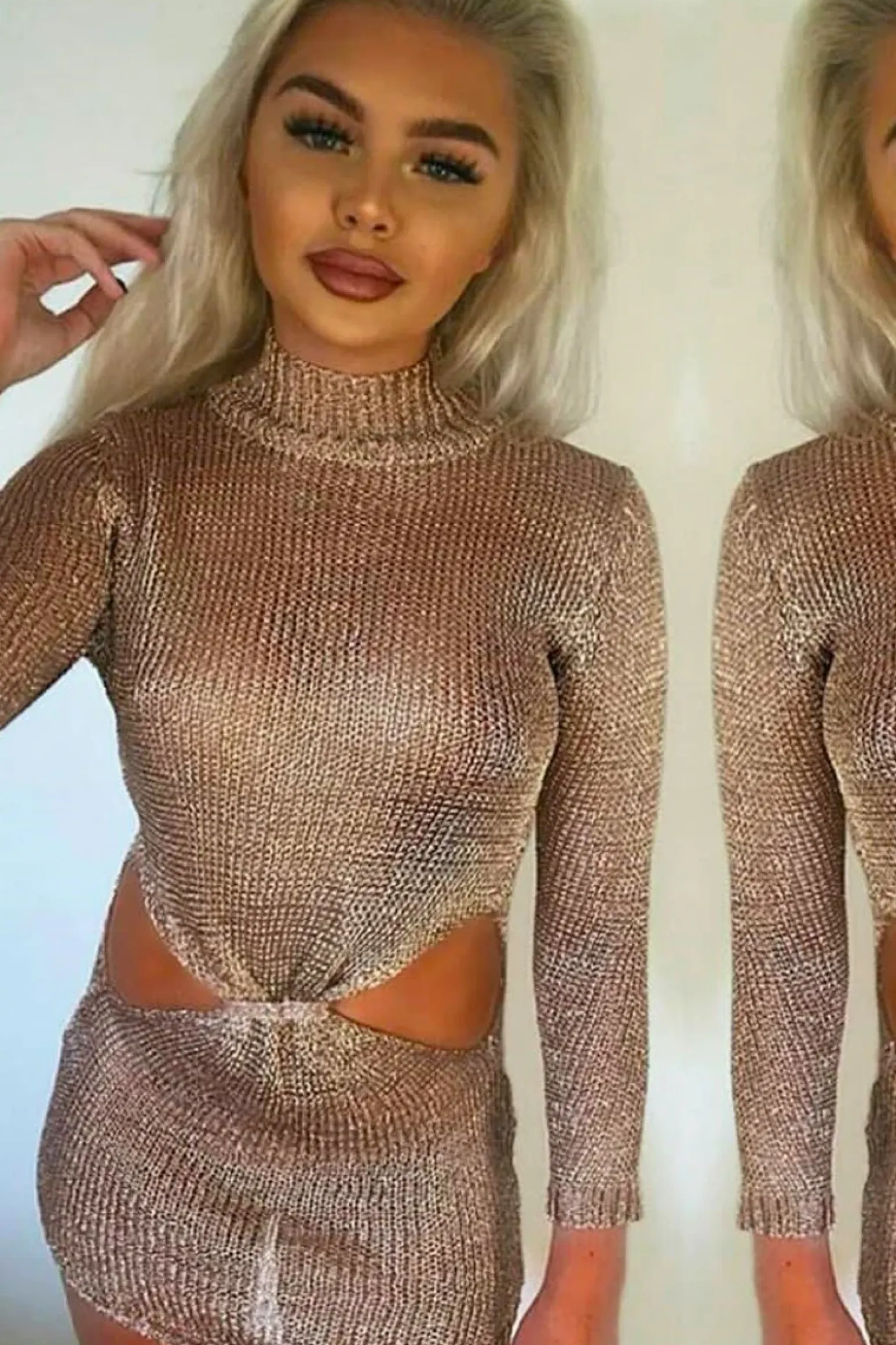 Rebellious Fashion Rose Gold Metallic Knitted Cut Out Gathered Front Dress - Idah
