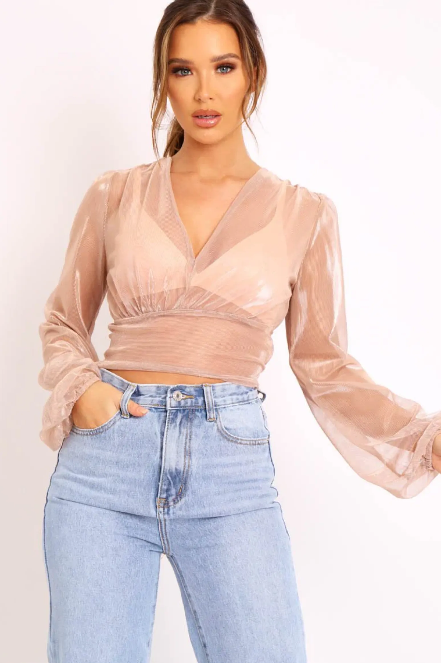 Rebellious Fashion Rose Gold Metallic Mesh Crop Top - Katy