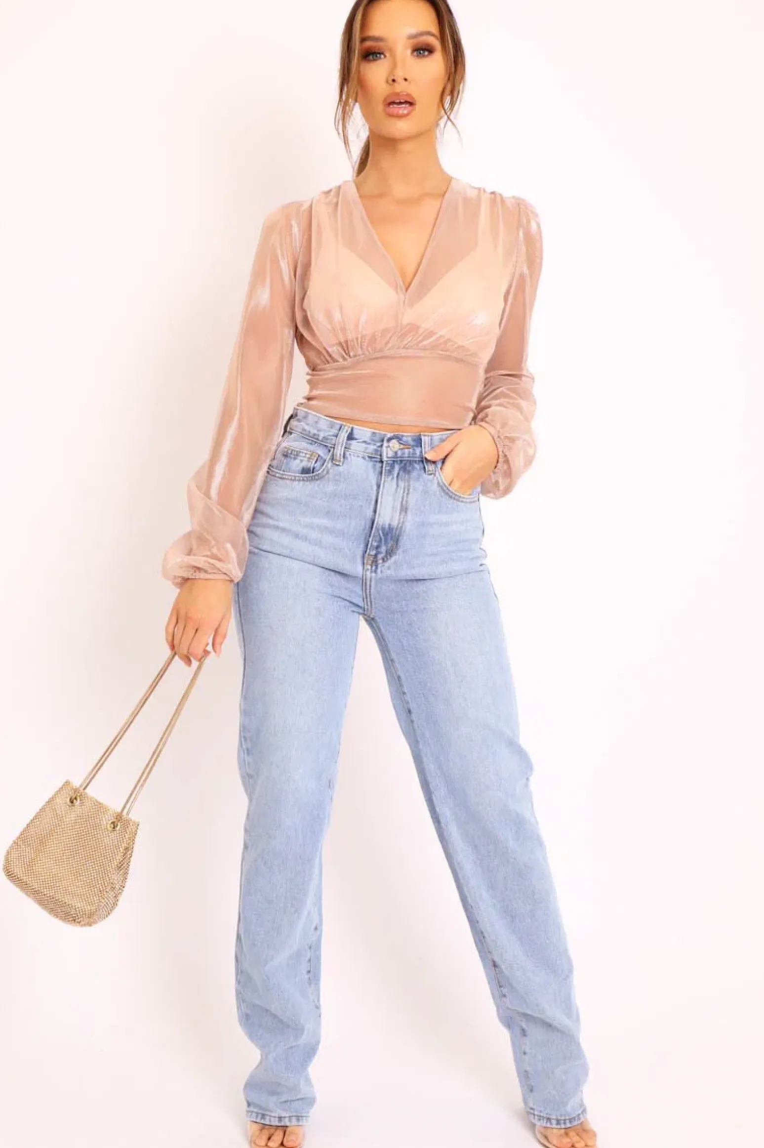 Rebellious Fashion Rose Gold Metallic Mesh Crop Top - Katy