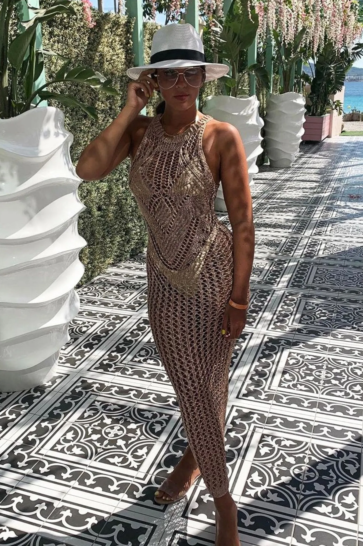 Rebellious Fashion Rose Gold Metallic Mesh Maxi Dress - Helma
