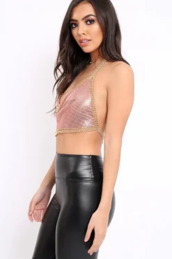 Rebellious Fashion Rose Gold Rectangle Chain Mail Halter Neck Crop Top - Rubie