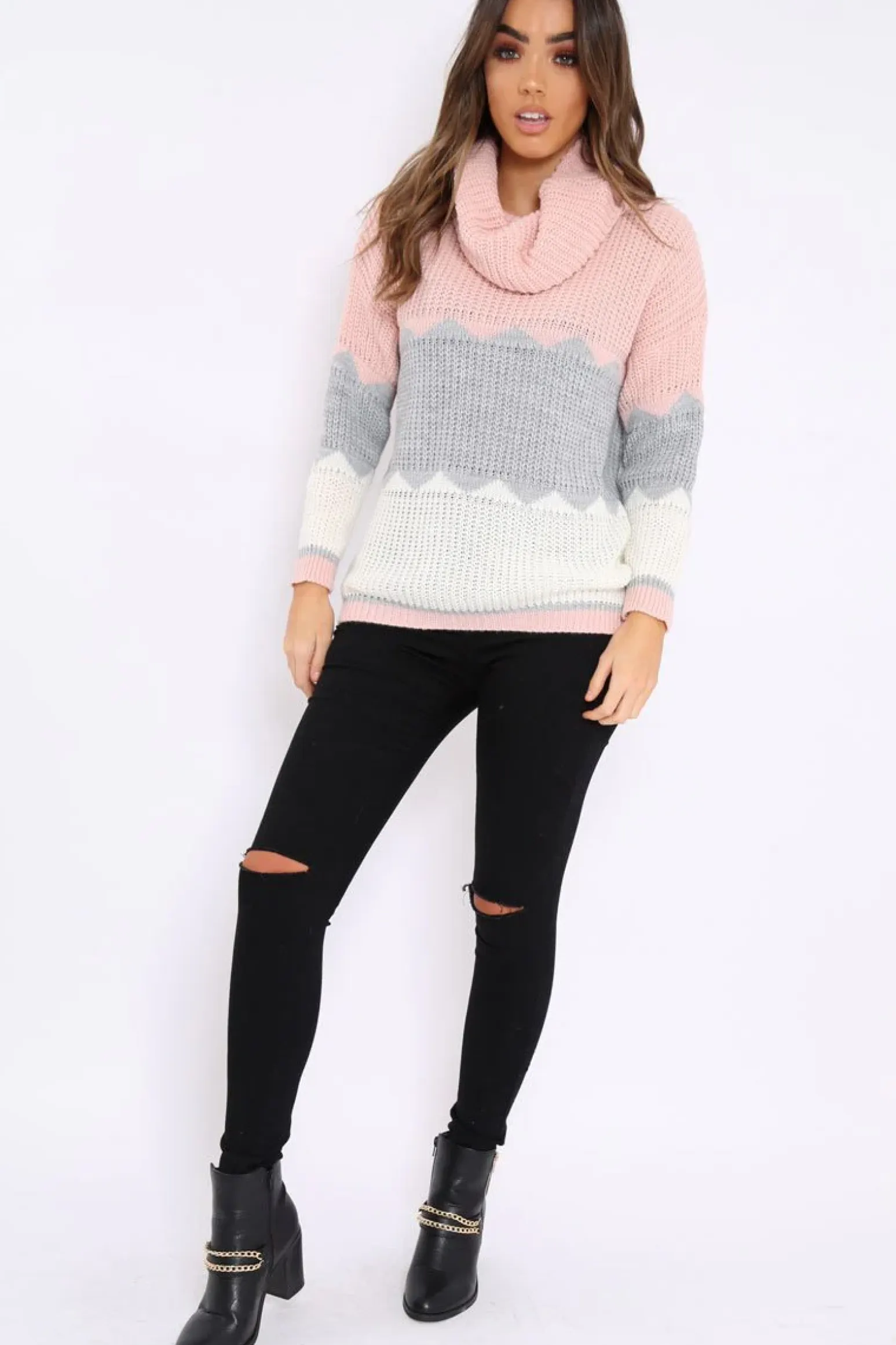 Rebellious Fashion Rose Grey and White ZigZag Patterned Roll Neck Jumper - Nataley