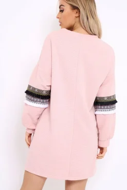 Rebellious Fashion Rose Jumper Dress with Sleeve Trim Detail - Hermina