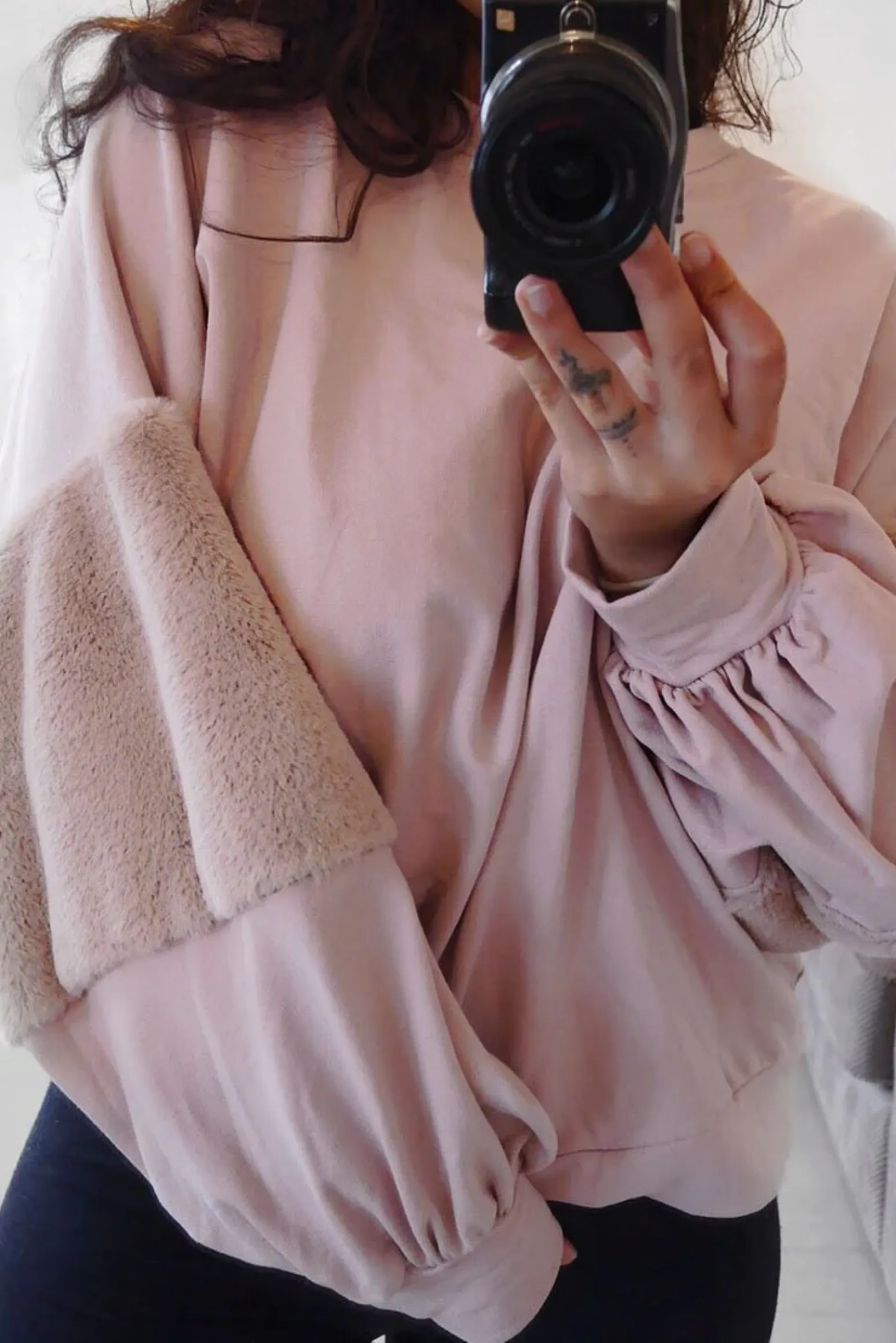 Rebellious Fashion Rose Jumper with Rose Fur Sleeves - Stephanie