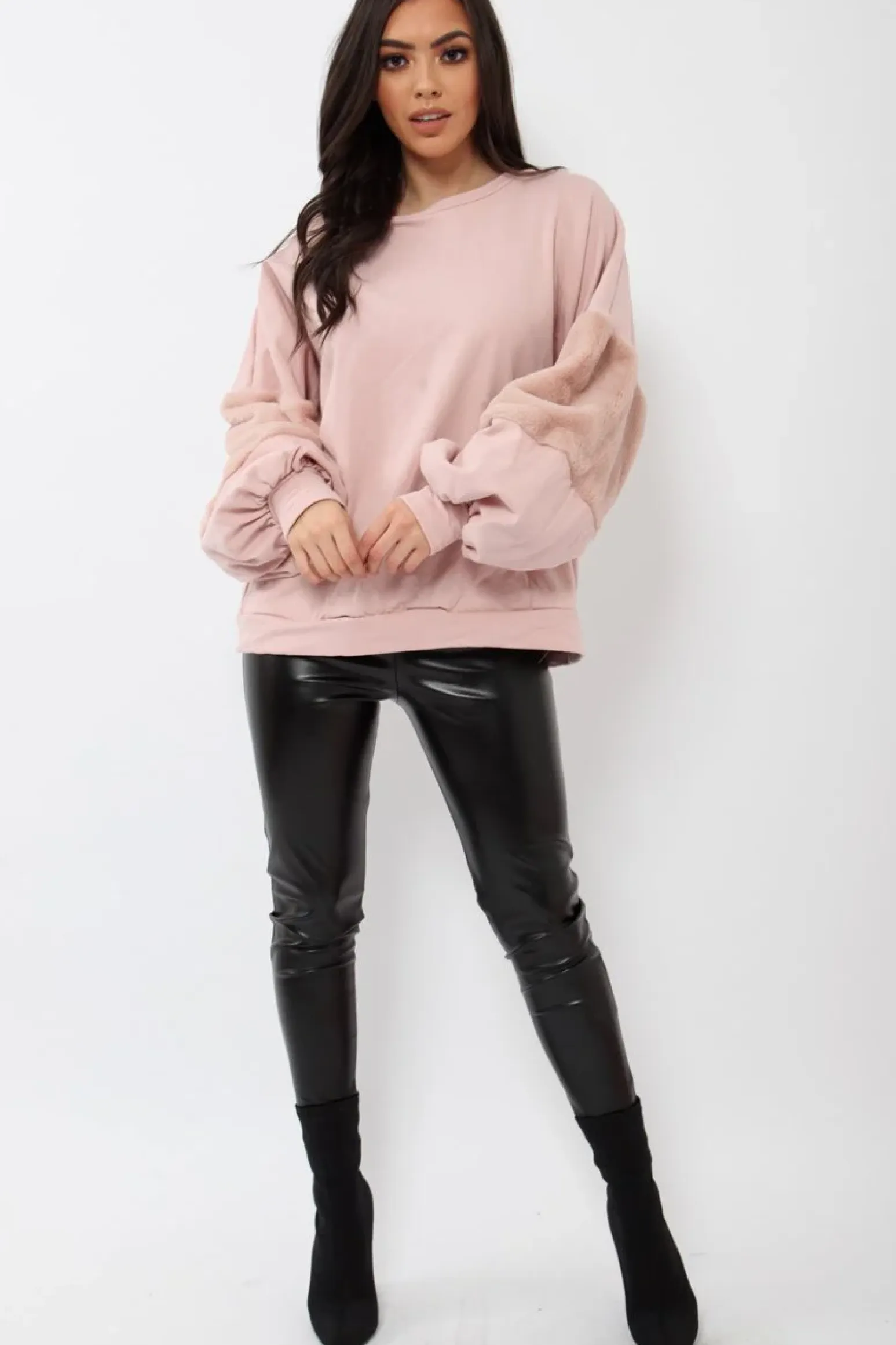 Rebellious Fashion Rose Jumper with Rose Fur Sleeves - Stephanie