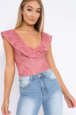 Rebellious Fashion Rose Lace Plunge Frill Bodysuit - Maelani