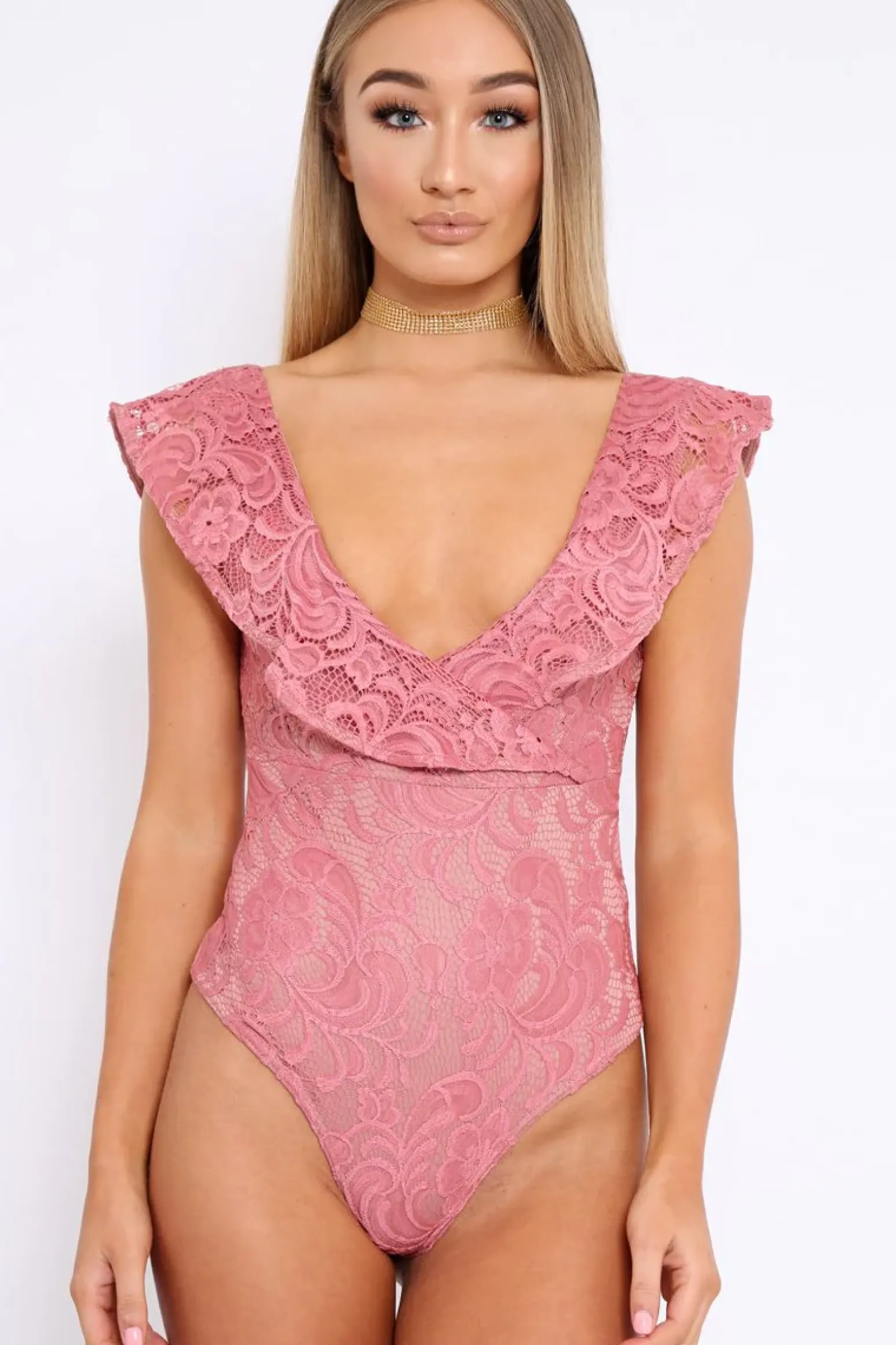 Rebellious Fashion Rose Lace Plunge Frill Bodysuit - Maelani