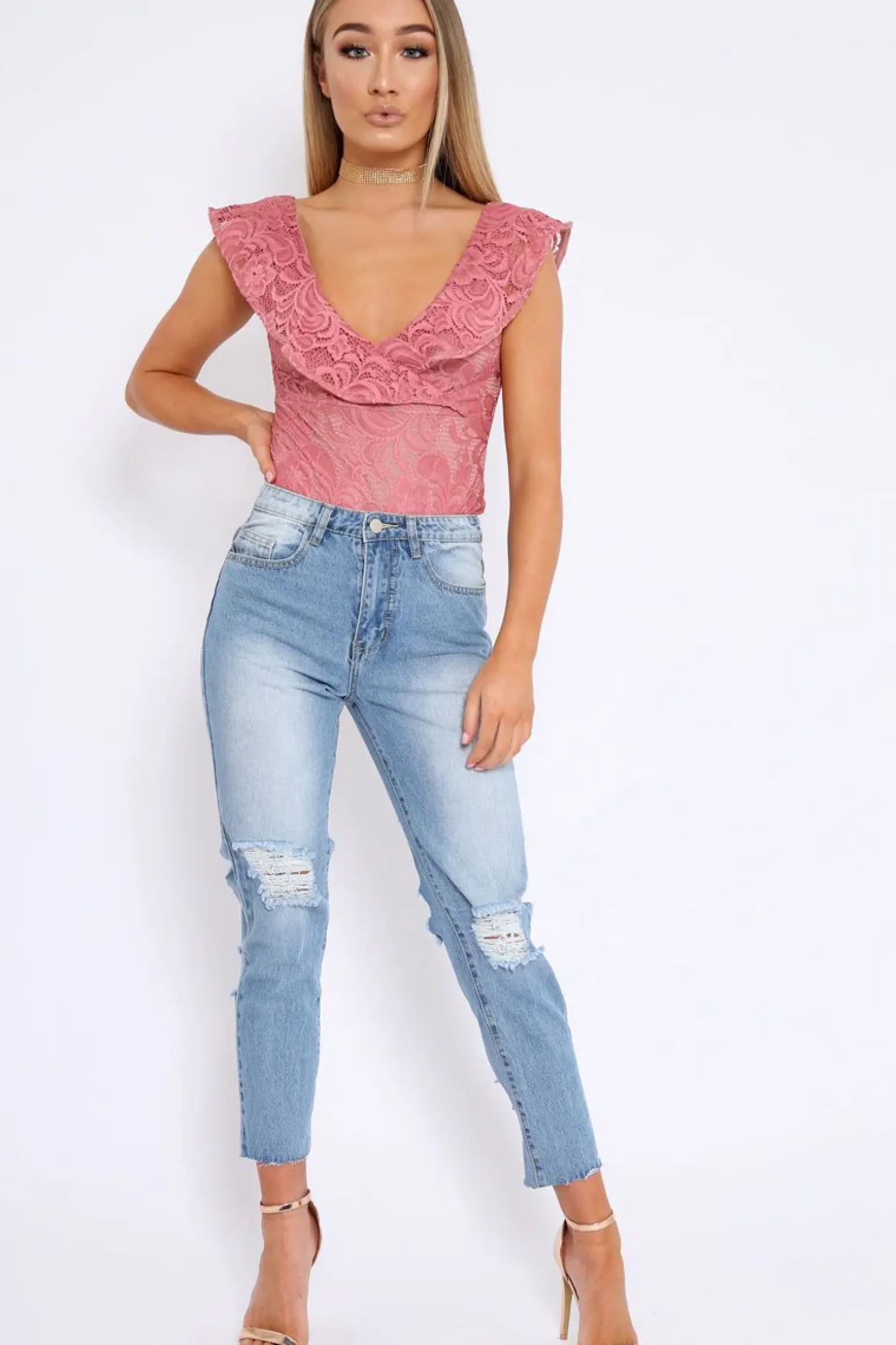 Rebellious Fashion Rose Lace Plunge Frill Bodysuit - Maelani