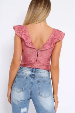 Rebellious Fashion Rose Lace Plunge Frill Bodysuit - Maelani