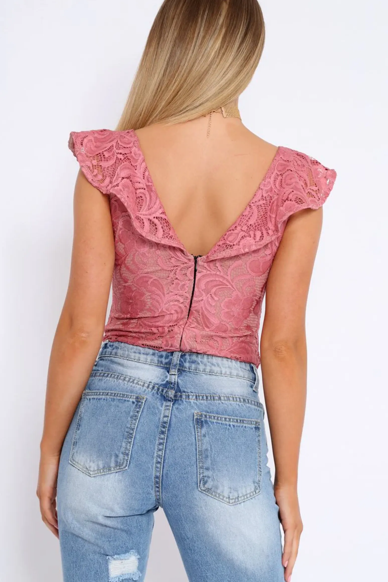 Rebellious Fashion Rose Lace Plunge Frill Bodysuit - Maelani