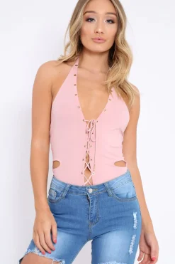 Rebellious Fashion Rose Lace Up Front And Cut Out Side Bodysuit - Jaslin