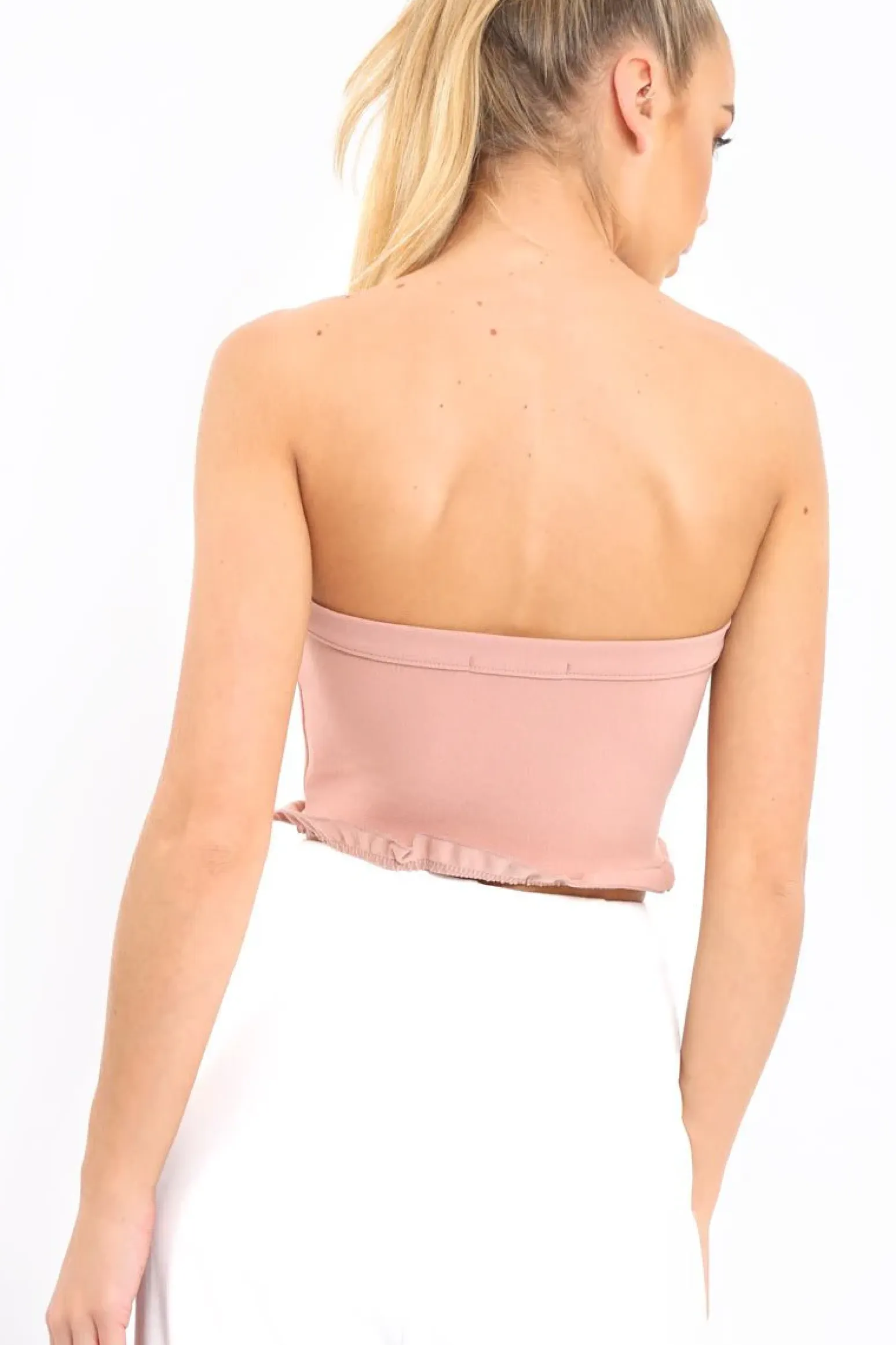 Rebellious Fashion Rose Lace Up Front Frill Bandeau Crop Top - Cyndi