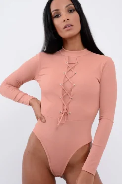Rebellious Fashion Rose Lace Up Ribbed Bodysuit - Jasmina