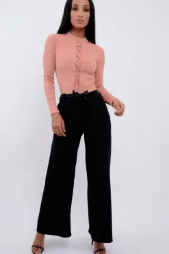 Rebellious Fashion Rose Lace Up Ribbed Bodysuit - Jasmina