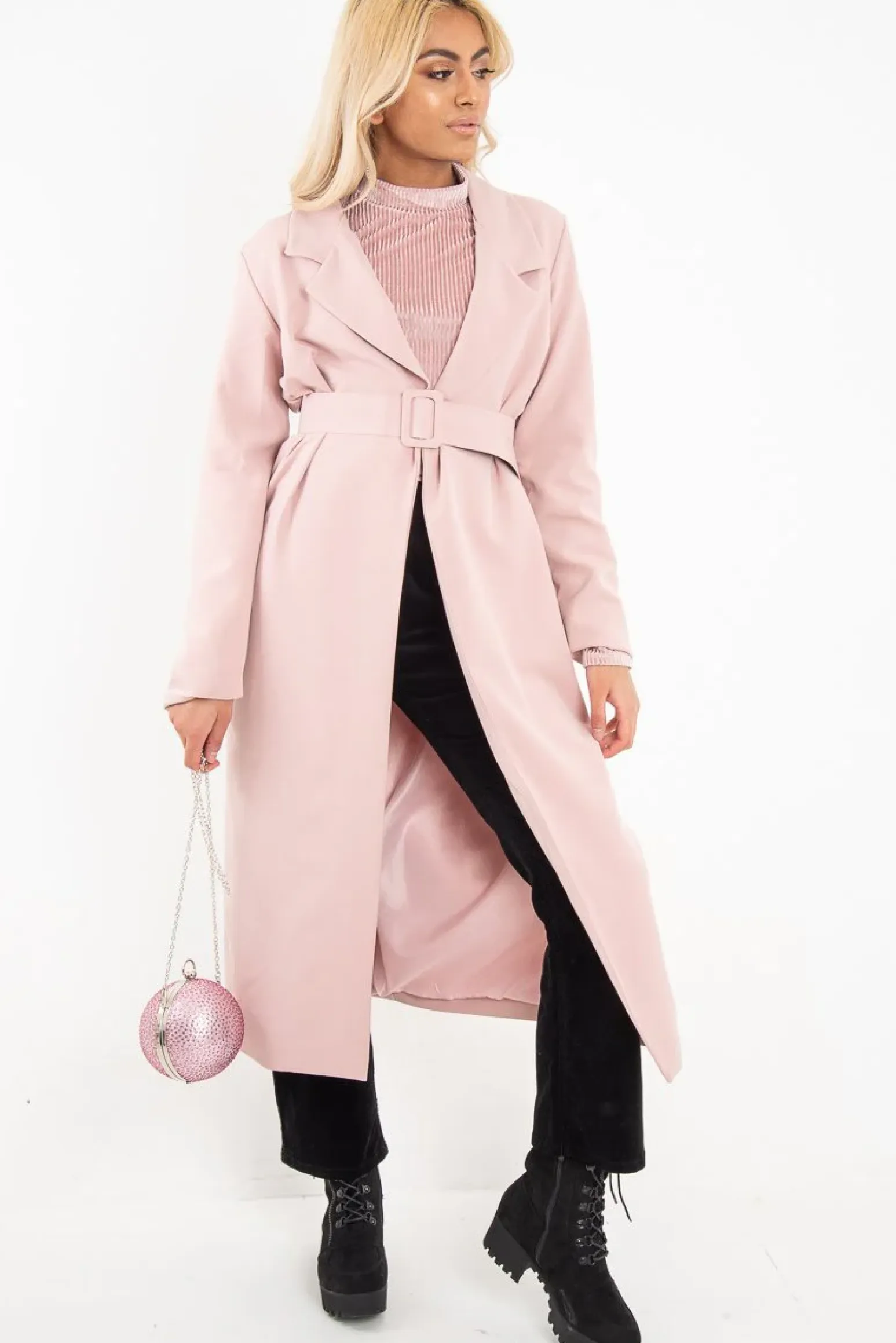 Rebellious Fashion Rose Longline Tailored Belted Coat - Joelle