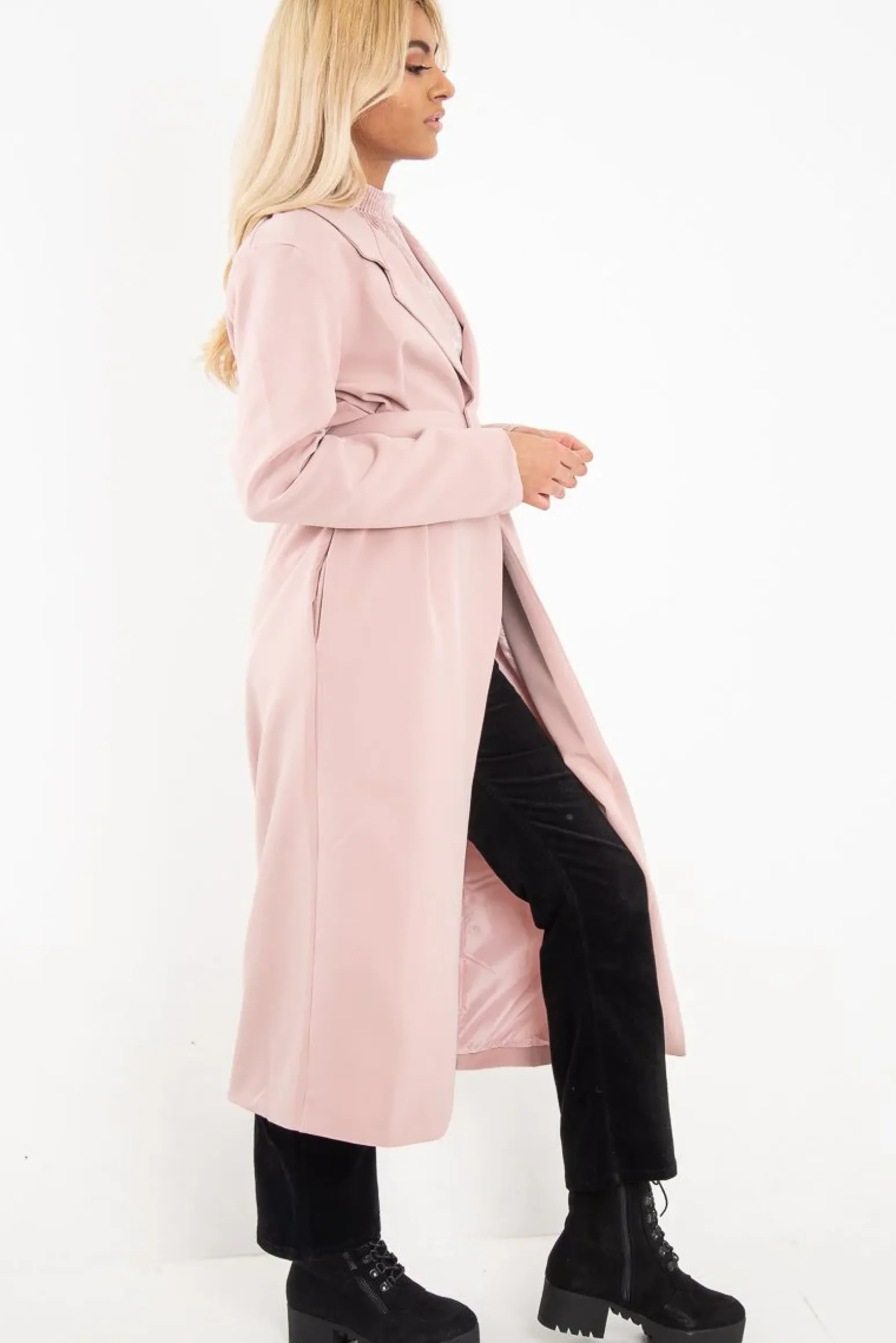 Rebellious Fashion Rose Longline Tailored Belted Coat - Joelle