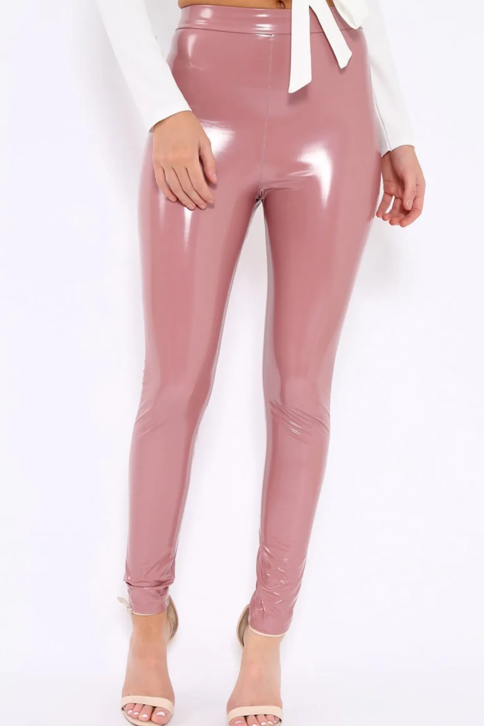 Rebellious Fashion Rose Pink Shiny Vinyl PU Leggings - Rio