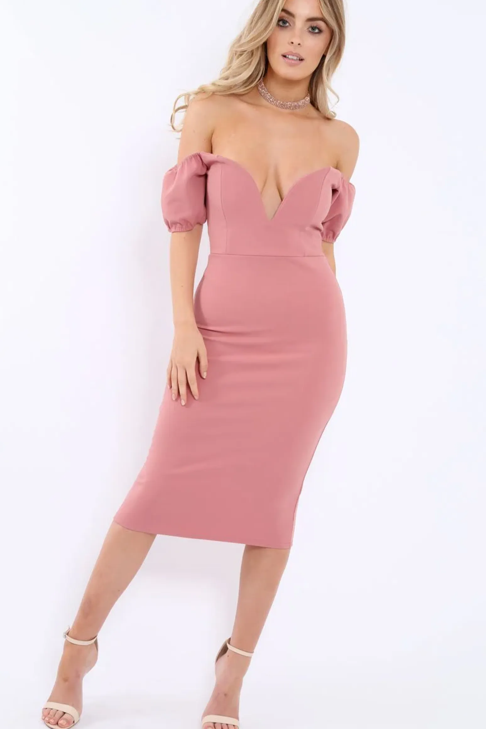 Rebellious Fashion Rose Plunge V Bardot Midi Bodycon Dress - Nanda