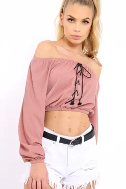 Rebellious Fashion Rose Ribbed Lace Up Bardot Crop Top - Sara