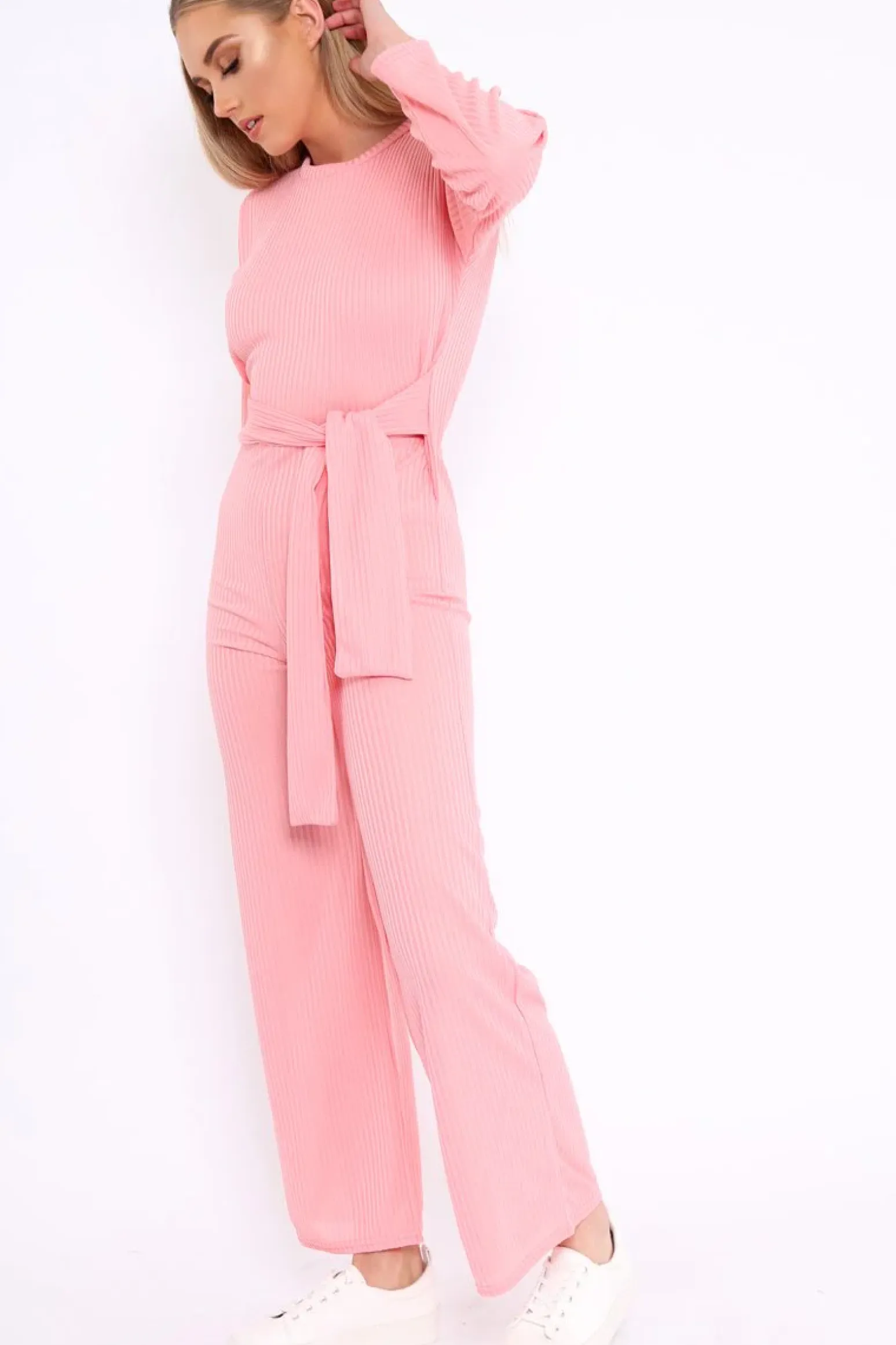 Rebellious Fashion Rose Ribbed Thin Knit Jumpsuit - Graciela