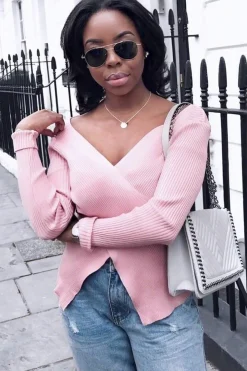Rebellious Fashion Rose Ribbed Thin Knit Wrap Top - Jordi