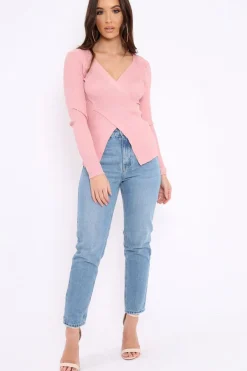 Rebellious Fashion Rose Ribbed Thin Knit Wrap Top - Jordi
