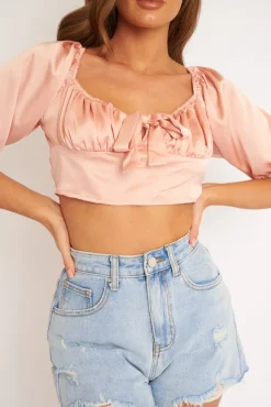 Rebellious Fashion Rose Satin Tie Front Crop Top - Jasie