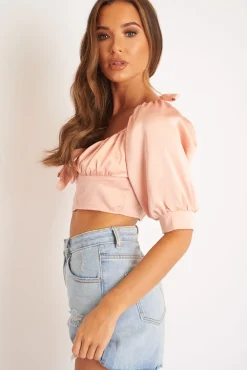 Rebellious Fashion Rose Satin Tie Front Crop Top - Jasie