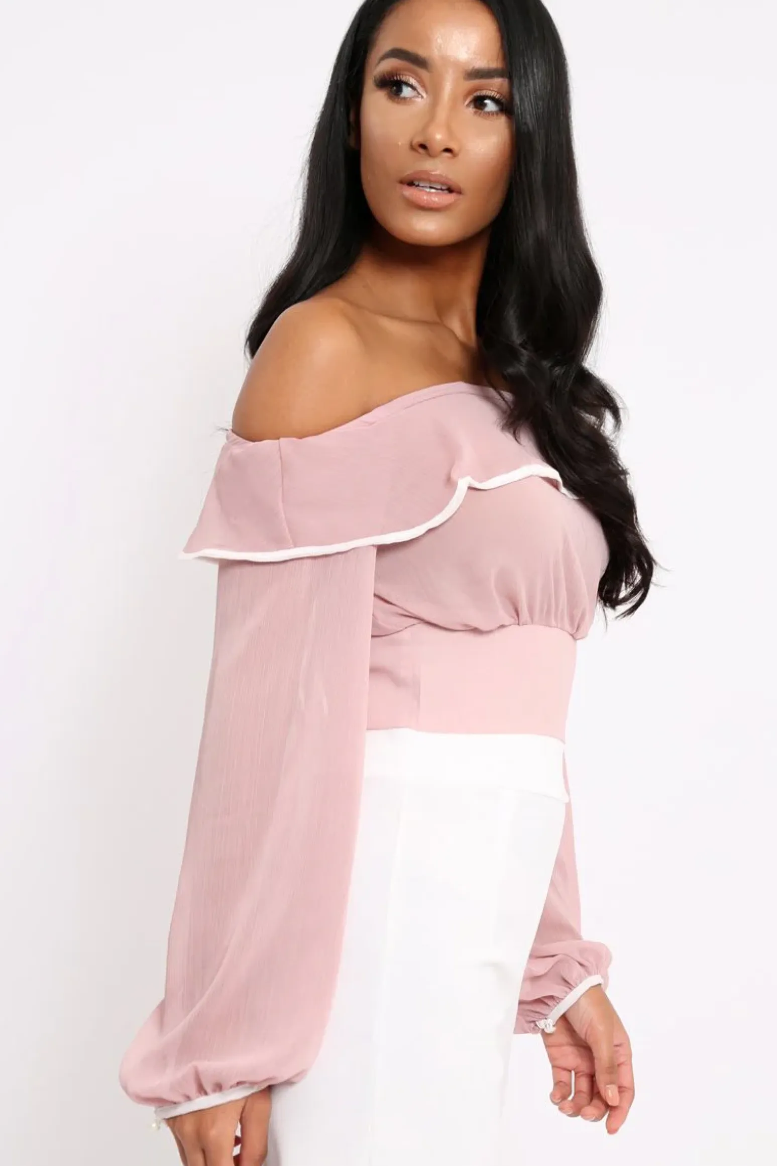 Rebellious Fashion Rose Sheer Bardot Crop Top - Pia