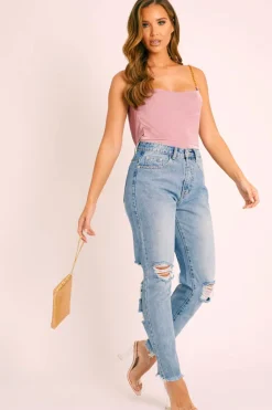 Rebellious Fashion Rose Slinky Low Back Chain Straps Bodysuit - Tayler