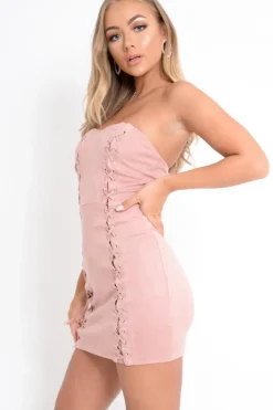 Rebellious Fashion Rose Suede Lace Up Front Bandeau Mini Dress - Lily