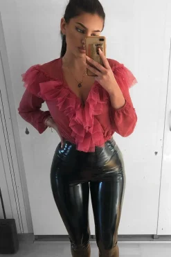 Rebellious Fashion Rose Tulle Ruffle Plunge Bodysuit - Jolie