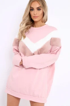 Rebellious Fashion Rose with White and Rose Chevron Fur Jumper Dress- Lula