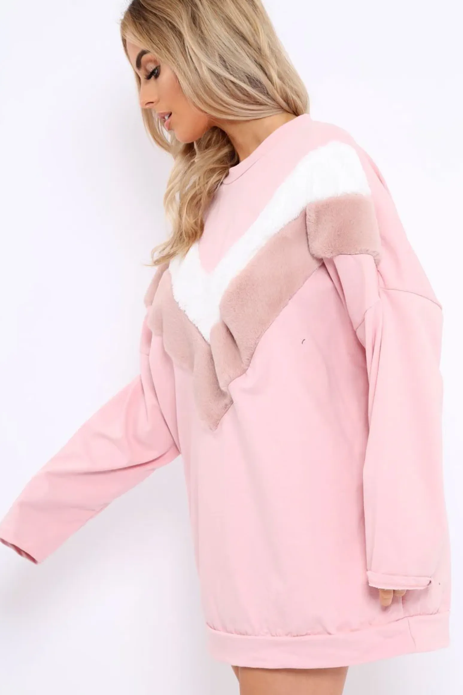 Rebellious Fashion Rose with White and Rose Chevron Fur Jumper Dress- Lula