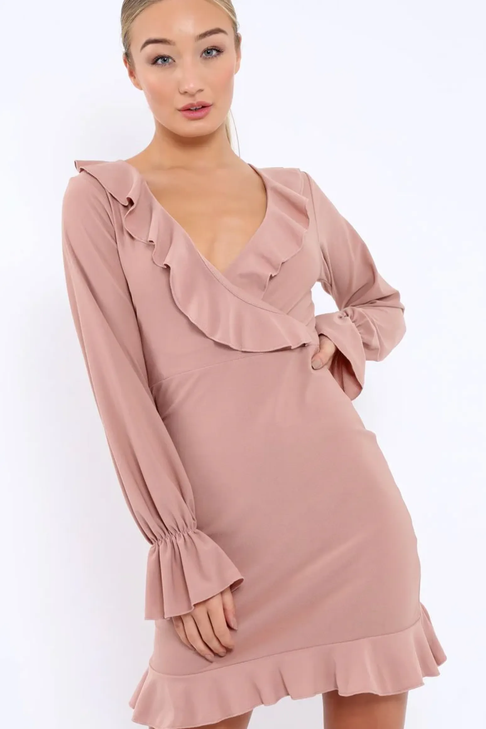 Rebellious Fashion Rose Wrap Mini Dress with Frills - Maleigh