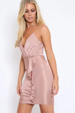 Rebellious Fashion Rose Wrap Ruched Mini Dress - Karmel