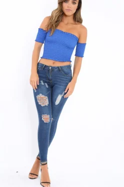 Rebellious Fashion Royal Blue Bardot Frill Shirred Crop Top - Kailah