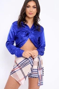 Rebellious Fashion Royal Blue Cropped Satin Shirt - Yasina