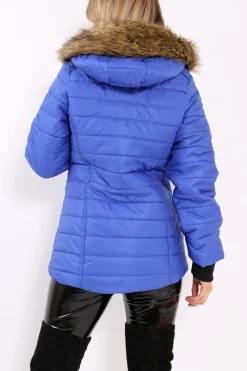 Rebellious Fashion Royal Blue Padded Coat with Fur Hood - Francesca