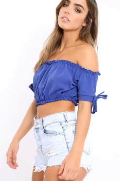 Rebellious Fashion Royal Blue Ruched Bardot Gypsy Crop Top - Janette