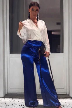 Rebellious Fashion Royal Blue Satin High Waist Flare Trousers -Tisha