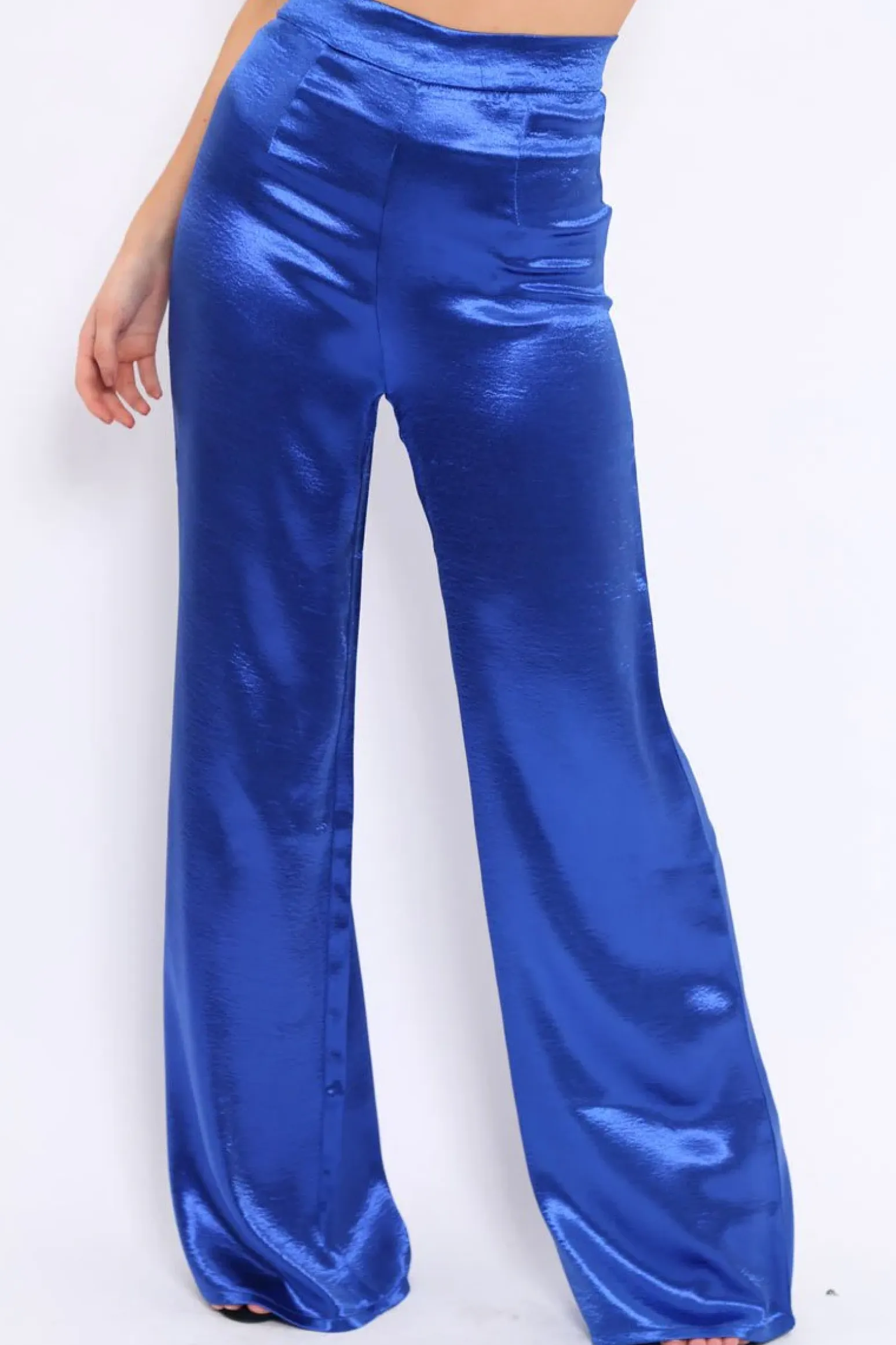 Rebellious Fashion Royal Blue Satin High Waist Flare Trousers -Tisha
