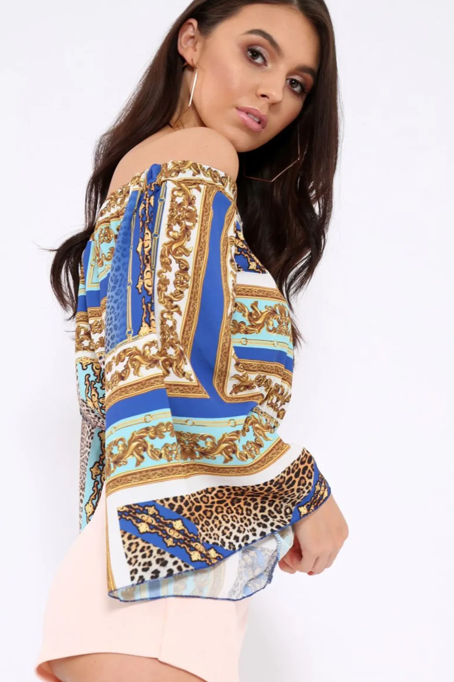 Rebellious Fashion Royal Blue Scarf Print Bardot Top with Flare Sleeves - Skyla