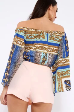 Rebellious Fashion Royal Blue Scarf Print Bardot Top with Flare Sleeves - Skyla