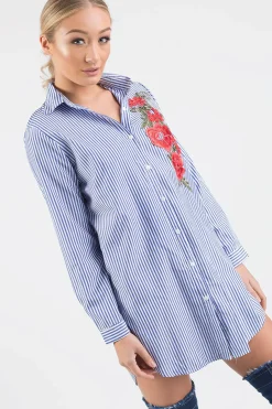 Rebellious Fashion Royal Blue Striped Embroidered Oversized Shirt - Kaya