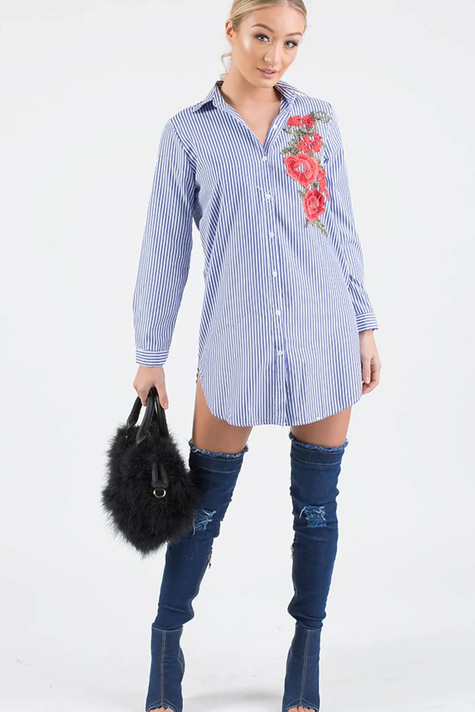 Rebellious Fashion Royal Blue Striped Embroidered Oversized Shirt - Kaya