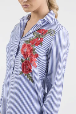 Rebellious Fashion Royal Blue Striped Embroidered Oversized Shirt - Kaya