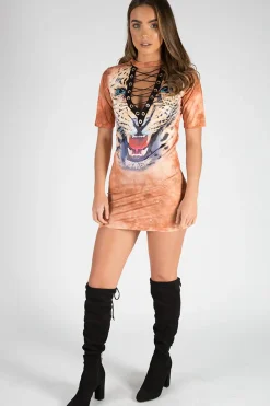Rebellious Fashion Rust Tiger Print Lace Up T Shirt Dress - Esme