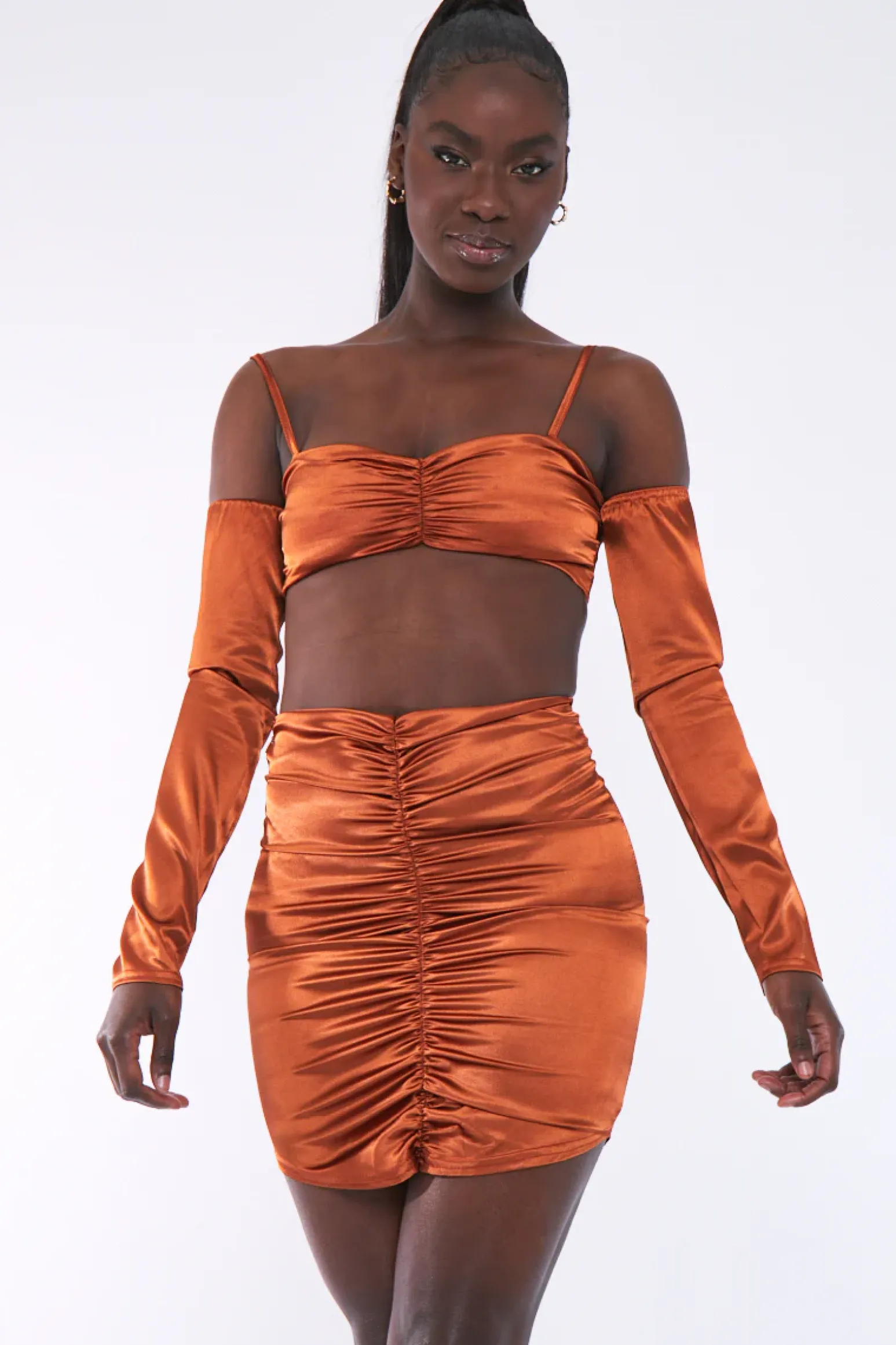 Rebellious Fashion Rust Bardot Satin Crop Top - Alana